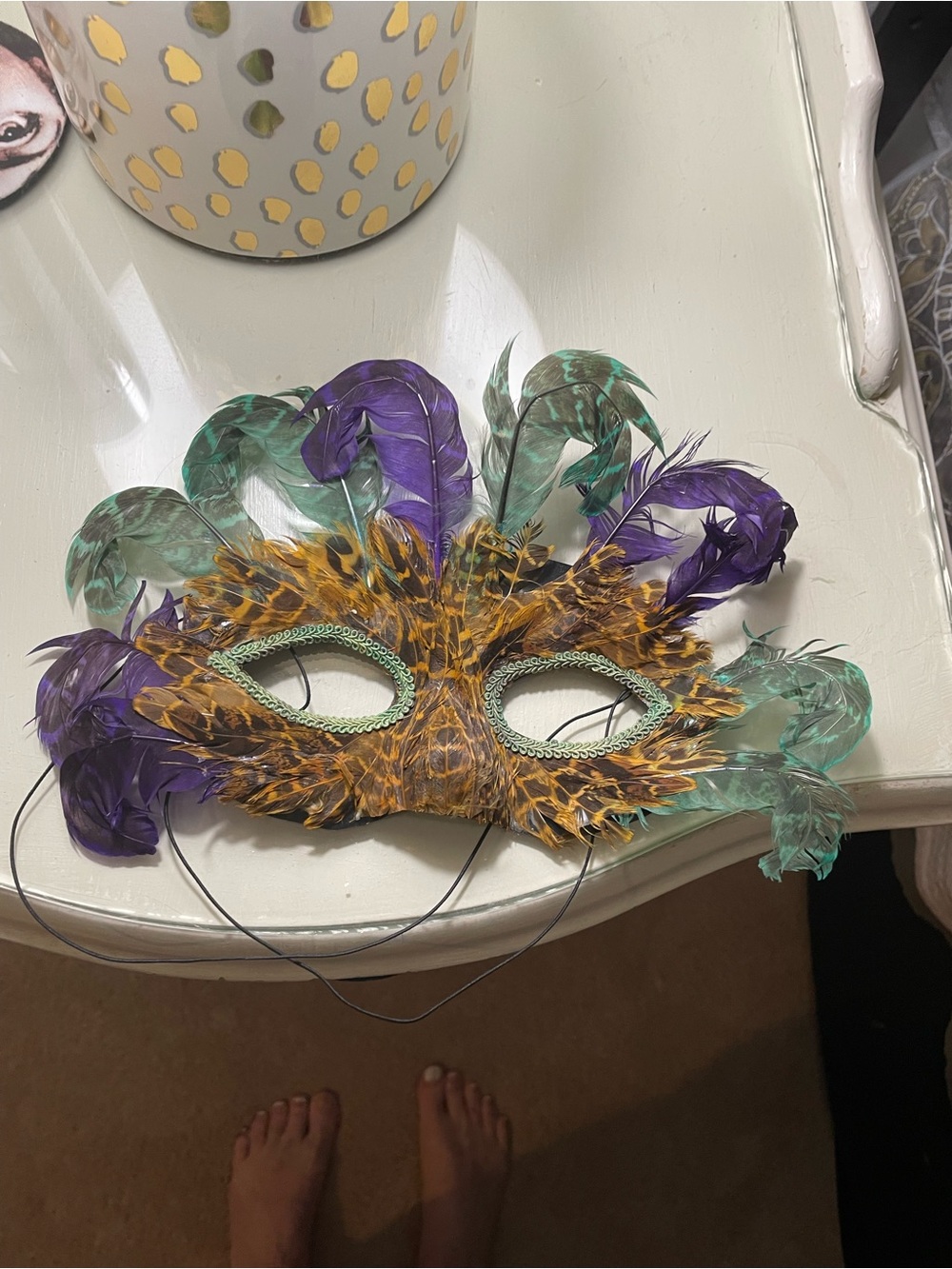 Feather Mardi Gras Mask in Purple, Teal & Brown -